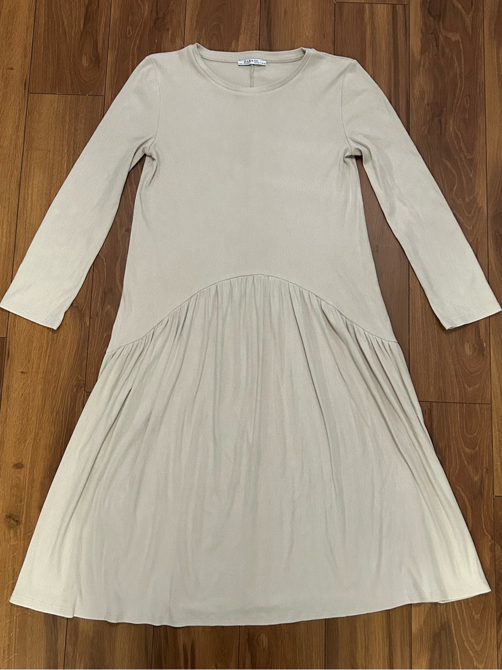 Zara Cream Ribbed Midi Drop Waist Dress Soft Velvet Long Sleeve Size Small